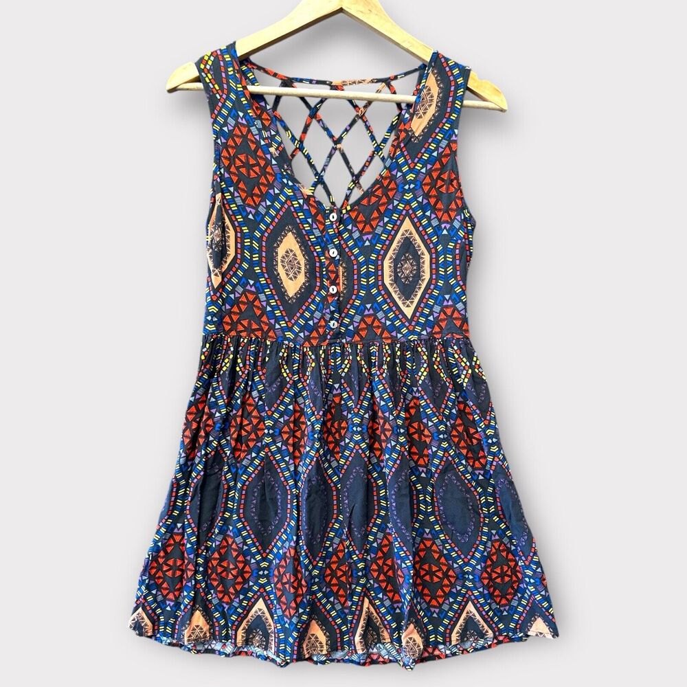 Boho Summer Spring Geometric V Neck Beach Gypsy‎ Mini Forever 21 Dress Sz Small